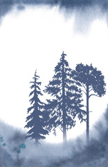 Silhouettes of pine trees on watercolor background. Misty forest illustration.