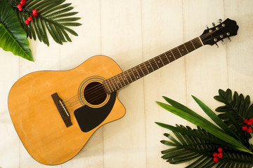 Travel accessories concept , prepare suitcase of holiday items on table .top view .Set of trip on background