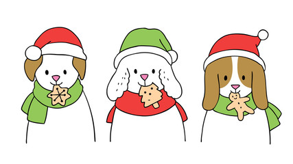 Cartoon cute Christmas Dogs eating cookies vector.