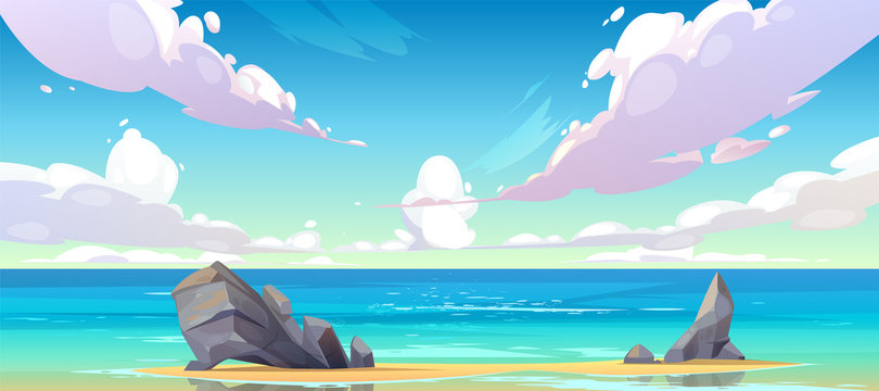 Ocean or sea beach nature landscape with fluffy clouds flying in sky and rocks sticking up from sand in coastline. Morning or day time summer tranquil seascape background, Cartoon vector illustration