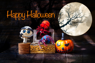 Happy Halloween concept background, wooden doctor ghost with colorful yarn spider in treasure box...
