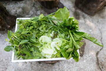 Mixed fresh vegetables in squre basket over blurred cement floor background, outdoor day light, diet food, healthy food, vegetarian food