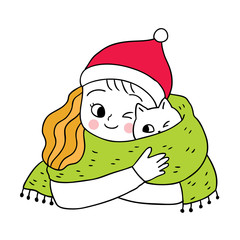 Cartoon cute christmas woman hugging cat vetcor.