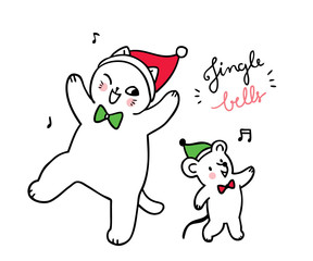 Cartoon cute Christmas cat and mouse dancing jinger bell song vector.