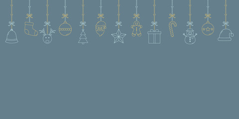 Xmas elements hanging on blue background with copyspace. Christmas decoration. Vector