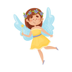 Cartoon fairy in a yellow dress with a wreath on his head. Vector illustration on a white background.