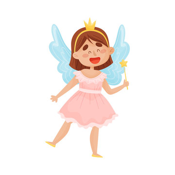 Cartoon fairy in a pink dress with a crown on her head. Vector illustration on a white background.