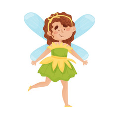 Cute fairy in a green dress. Vector illustration on a white background.