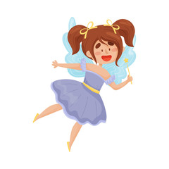 Happy fairy with wings in a blue dress with a magic cry. Vector illustration on a white background.