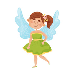 Cute fairy with wings in a green dress. Vector illustration on a white background.