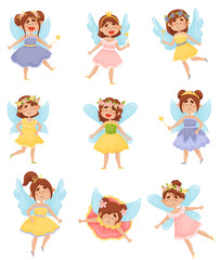 Set of cartoon fairies with wings in colorful dresses. Vector illustration on a white background.