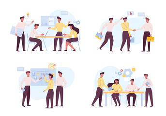 Successful coworking, teamwork flat vector illustrations set