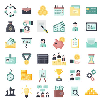 Colorful business themed flat vector icons set