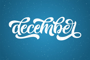 Hand drawn typography lettering phrase December isolated on the blue background. Fun brush ink calligraphy inscription for winter greeting invitation card or print design. illustration.