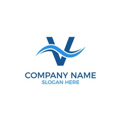 Letter V logo vector. Letter V with wave template for logo. Beach outdoor recreation