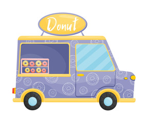 Violet food truck selling donuts. Vector illustration on a white background.