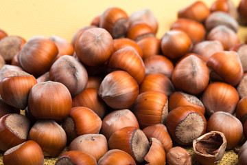 close up of hazelnuts on table .