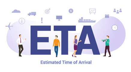 eta estimated time of arrival concept with big word or text and team people with modern flat style - vector - obrazy, fototapety, plakaty