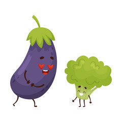 Humanized eggplant in love with broccoli. Vector illustration.