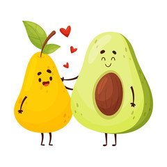 Humanized pear and avocado in love. Vector illustration.