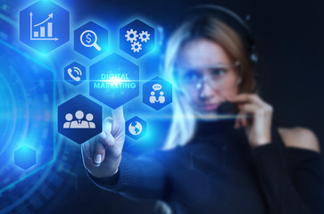 Planning marketing strategy. Business, Technology, Internet and network concept. Young businessman shows the word: Digital Marketing .