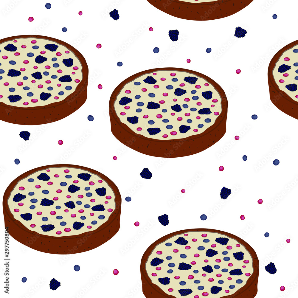 Wall mural  Cake Seamless Pattern berries pie cream vector food illustration print background wallpaper