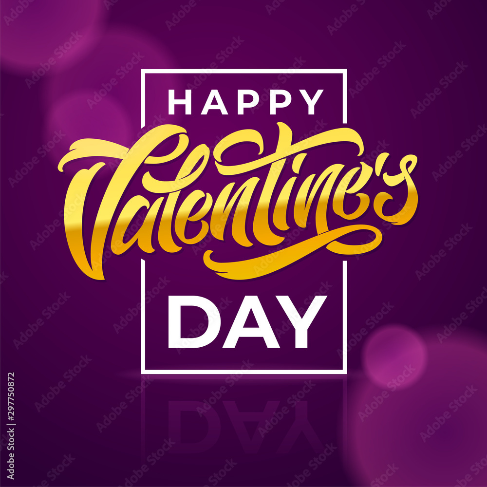 Poster Beautiful illustration with Happy Valentine's Day typography. Congratulations on St. Valentine's Day. Golden letters on dark background. . - Posters