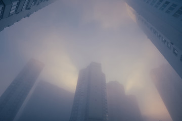 Dreamy cityscape. Sunlight through autumn morning fog among high buildings at residential district....