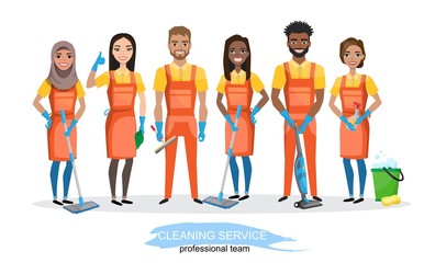 Fototapeta premium Professional cleaners team. Young multiracial smiling people are holding cleaning tools. Vector illustration of cartoon characters