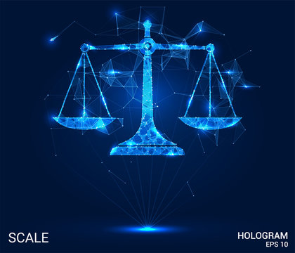 Hologram scales. Scales of polygons, triangles of points and lines. Libra horoscope low poly compound structure. The technology concept.