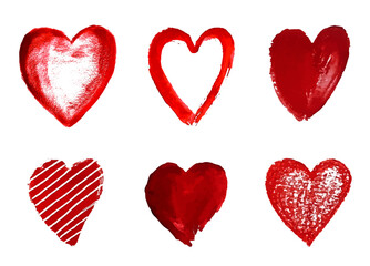 Hand Painted Vector Heart Shape Set.  Red Hearts Isolated on White Background.