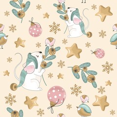 New year and Christmas holiday seamless pattern with mouse for wrapping paper or fabric with different elements. Fashionable vintage style.