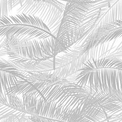 Light gray palm leaves silhouette on the white background. seamless pattern with tropical plants. pattern for print design, wallpaper, site backgrounds, postcard, textile, fabric.