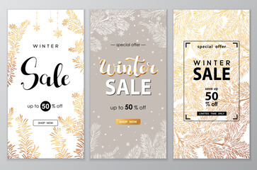 Winter sale vector poster set with discount text and snow elements for shopping promotion.