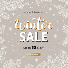 Winter sale vector poster with discount text and snow elements for shopping promotion.