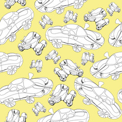 Sketch seamless pattern with machines drawn gel pen by hand on a yellow background for Wallpaper in the nursery, textiles, paper.