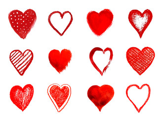Hand Painted Vector Heart Shape Set.  Red Hearts Isolated on White Background.