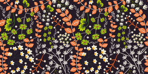 Floral seamless pattern. Light green, white, light orange flowers, leaves on a dark brown background. Vector illustration in fresh colors. A wonderful template for design, prints.