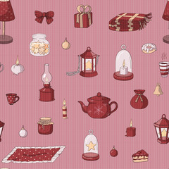 Seamless knitted pattern made of festive interior design elements (lanterns, tableware, candles) and deserts (cake, donut, tea). Endless texture for design. Vector illustration. For kids products.