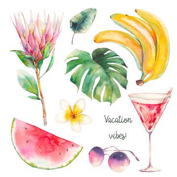 Watercolor summer set. Hand drawn collection of vacation items: cocktail, watermelon, bananas, sunglasses, protea, palm leaves and tropical flower. Elements isolated on white background