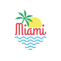 Fototapeta na wymiar Miami logo. Miami beach banner with palm, sun and sea. T-shirt typography design. Apparel graphic. Vector illustration.