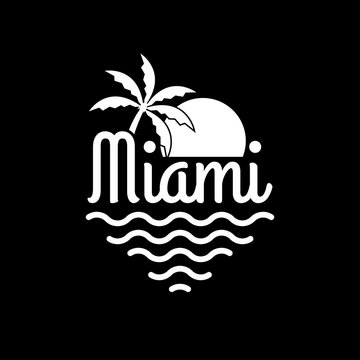 Miami logo. Miami beach banner with palm, sun and sea. T-shirt typography design. Apparel graphic. Vector illustration.