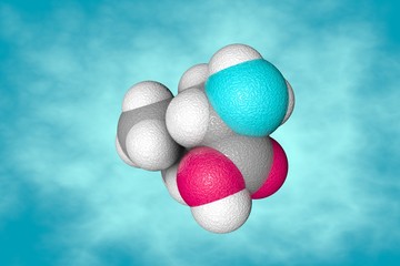Space-filling molecular model of l-leucine. Atoms are represented as spheres with conventional color coding: carbon (grey), oxygen (red), nitrogen (blue), hydrogen (white). 3d illustration