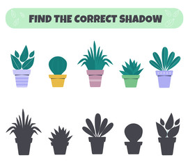 Educational game for children. Find the right shadow.  Potted plant