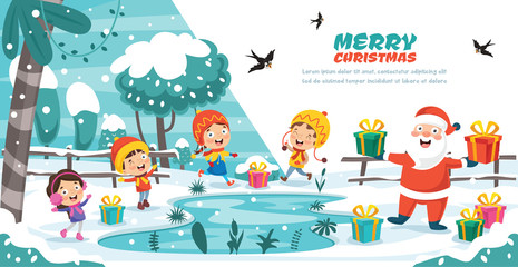Christmas Greeting Card Design With Cartoon Characters