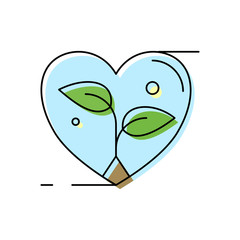 Young plant and heart icon. Flat outline thin line illustration. Isolated on white background. 