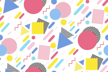 Abstract geometric seamless pattern in the style of Memphis. Different shapes of trendy pastel colors on white background. Circles, dots, zigzags, triangles, squares, lines. Modern design.