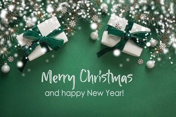 Christmas border with xmas tree and gifts on green background. Merry christmas card. Winter holiday. Happy New Year. Space for text - Powered by Adobe