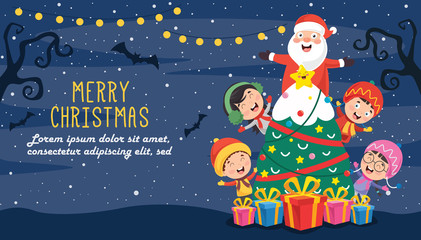 Christmas Greeting Card Design With Cartoon Characters