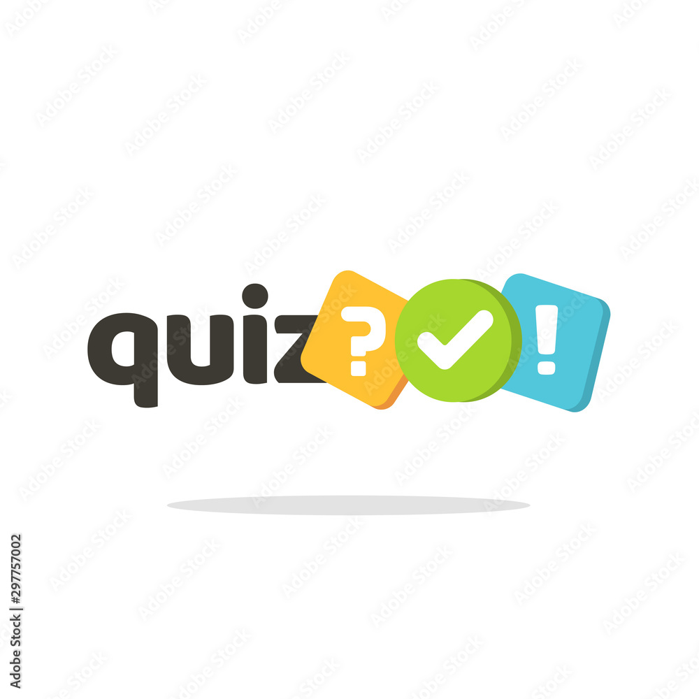 Poster quiz logo icon vector symbol, flat cartoon bubble speeches with question and check mark signs as com